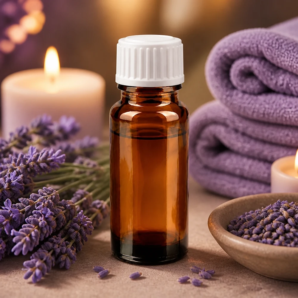 UV-Schutz Braunglas 10ml Flasche mit präzisem Weißtropfer neben Lavendel und Handtüchern