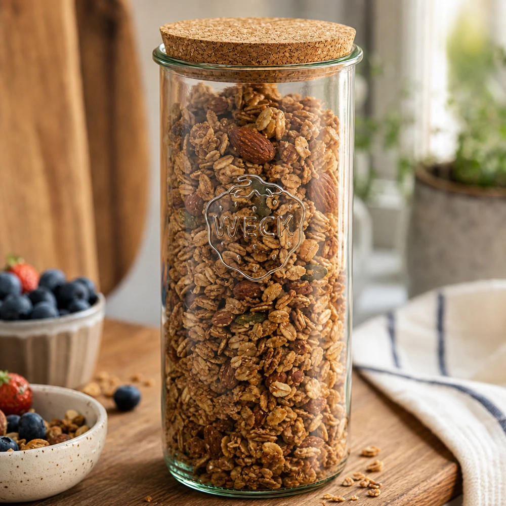 1500ml bocal conique WECK RR100 avec bouchon nature WECK Verre renversé 1500ml avec noix de muesli rempli de bouchon Couvercle Scène de cuisine Table en bois Conservation petit déjeuner