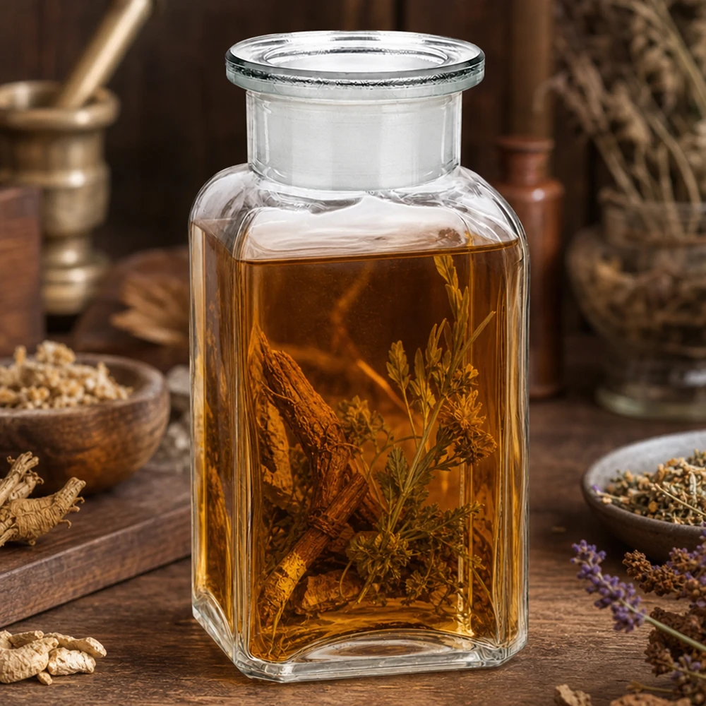 Bottiglia quadrata da 100 ml in vetro trasparente a collo largo con tappo in vetro NS Bottiglia quadrata da 100 ml trasparente con estratto di erbe e un rametto di sambuco su un tavolo rustico in legno