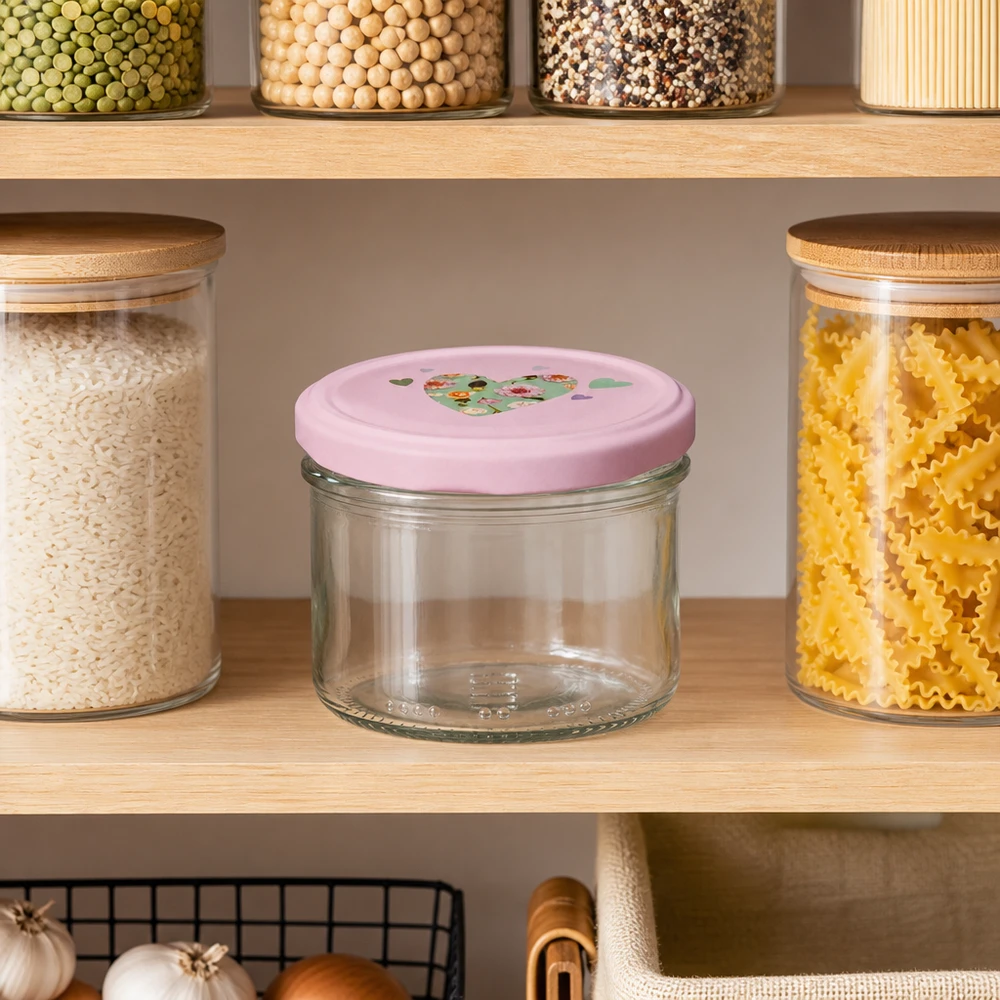 230ml Zylinderglas + BasicSeal Deckel Herz rosa 230ml Zylinderglas mit rosa Herz-Deckel in organisierter Speisekammer zwischen Pasta und Reis, ideal zur Küchenorganisat