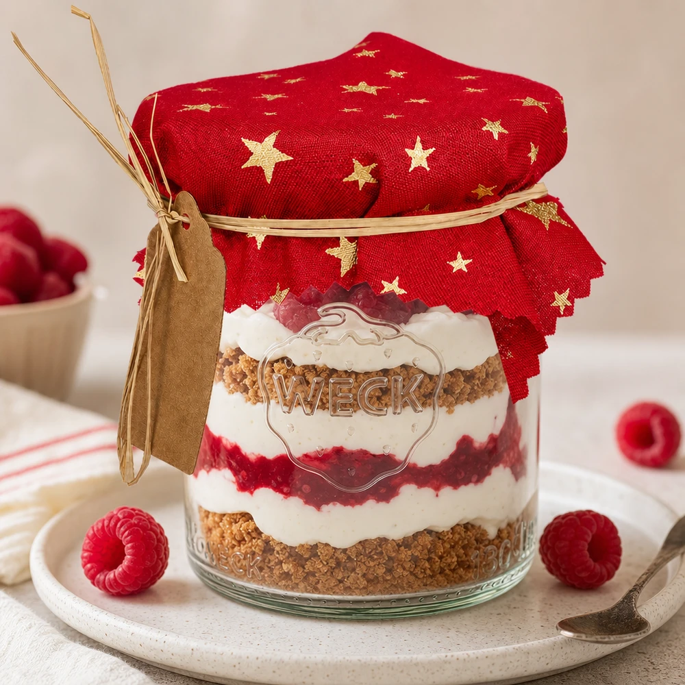 Centrino per gioielli in tessuto rosso "stelle" 12cm quadrato Centrino decorativo rosso con stelle dorate su bicchiere da dessert a strati di lampone 12cm quadrato decorazione da tavola