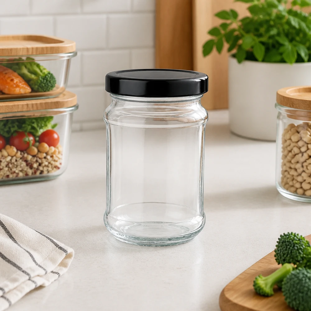 Barattolo rotondo da 390 ml con coperchio nero BasicSeal vuoto sul bancone della cucina tra i contenitori di verdure e legumi