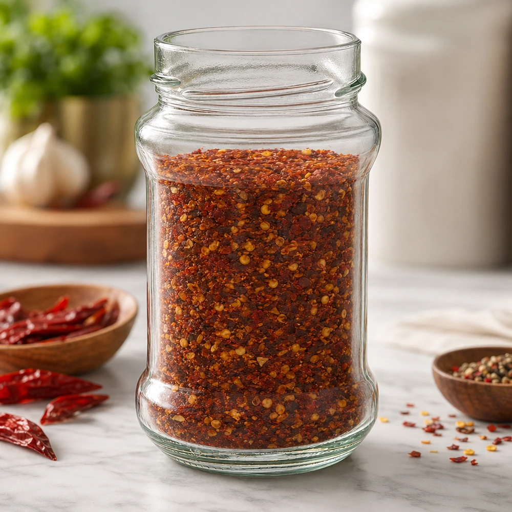 Barattolo rotondo da 390 ml riempito con miscela di spezie al peperoncino UNiTWIST Runda390 TO66barattolo di vetro profondo per cucina e conservazione