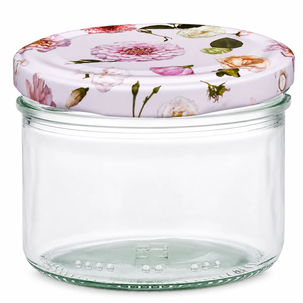230ml Zylinderglas + BasicSeal Deckel Blume rosa 230ml Zylinderglas mit BasicSeal Deckel Blume rosa - Einmachglas mit Blumenmuster für Küche und Vorratshaltung