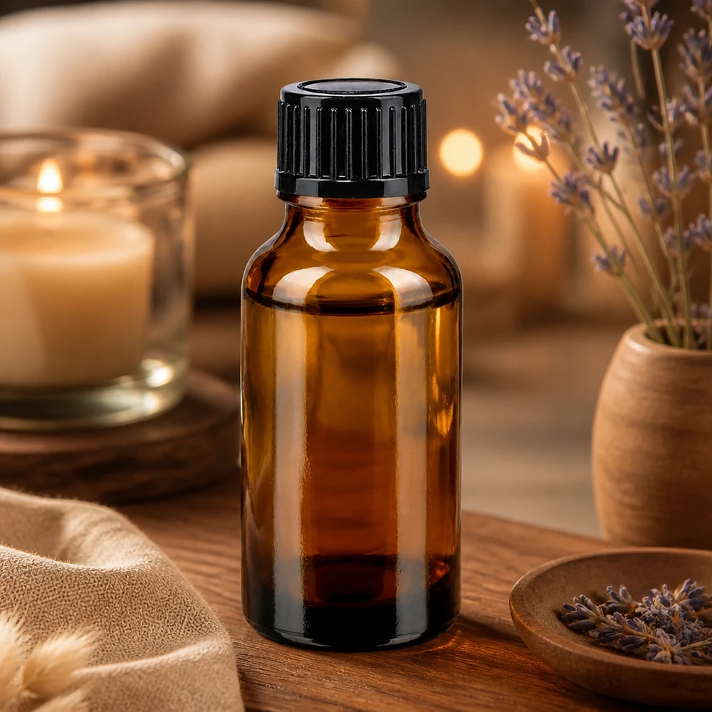 Braune 20ml Tropfflasche mit geripptem schwarzen Verschluss neben getrockneten Lavendelblüten