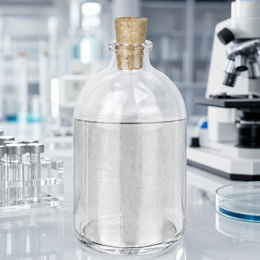 Flasche Klarglas 100ml mit Korken 11/14mm Verschlossene Klarglasflasche 100ml mit Korken 11/14mm und milchig weißem Laborinhalt