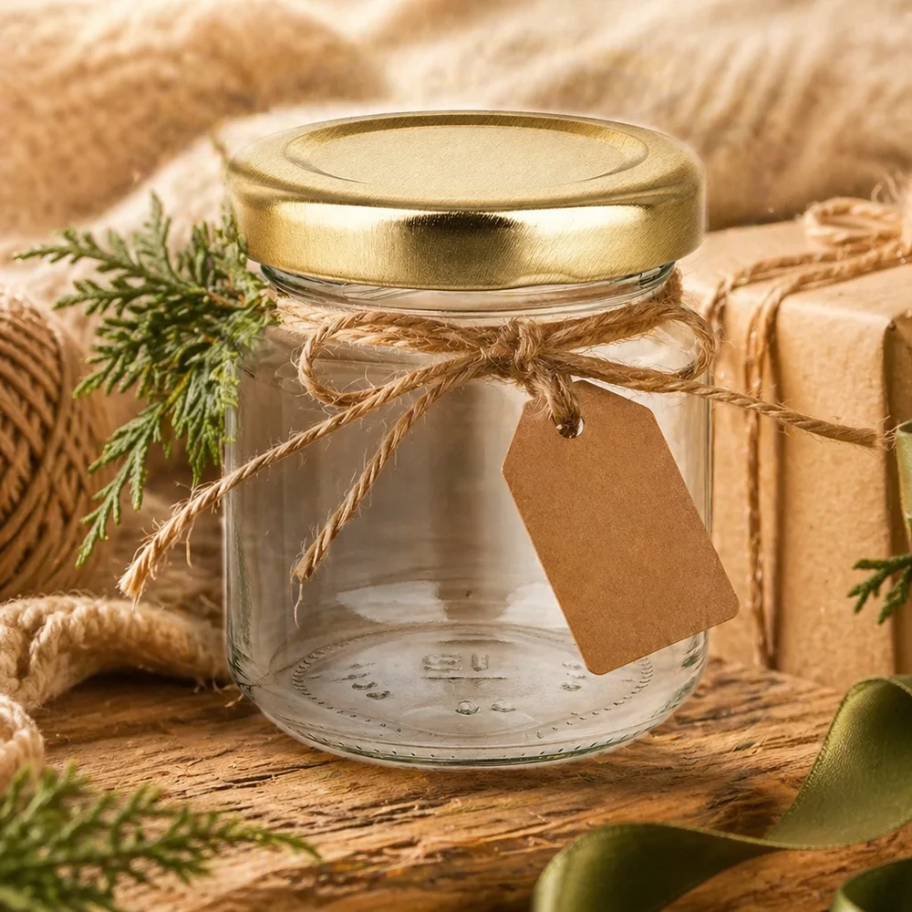 53ml Rundglas mit BasicSeal Deckel gold UNiTWIST 53ml Rundglas UNiTWIST mit goldenem Deckel als Geschenkidee dekoriert mit Bastband und Anhänger