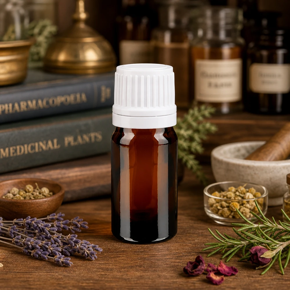 Kompakte Apothekerfl 5ml Braunglas mit OV Schraubverschluss neben Mörser und Pistill