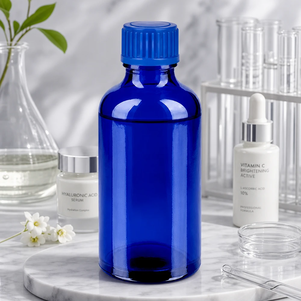 Flacone ricaricabile in vetro blu 50ml STD BlueLine per conservare i cosmetici in modo ecologico