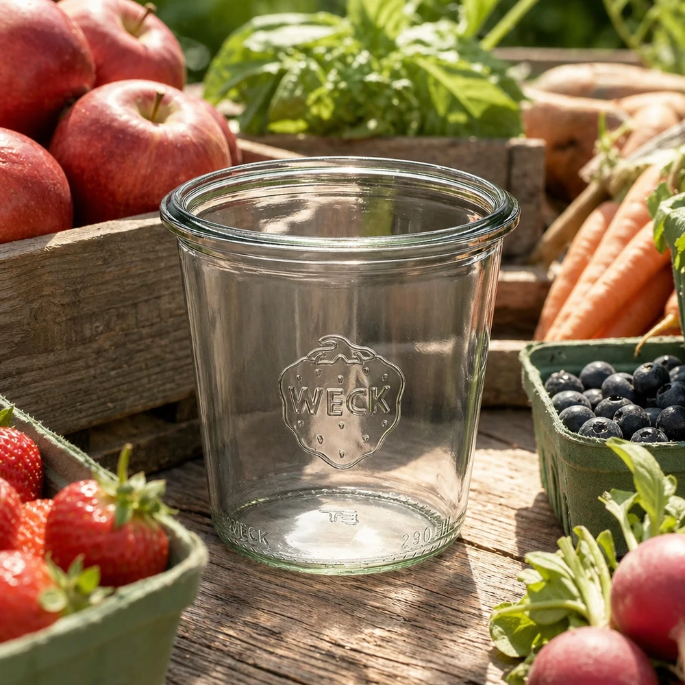 Vaso di vetro alto da 290 ml WECK RR80 Bicchieri WECK da 290ml RR80 in vetro con logo circondati da frutta e verdura fresca su un tavolo in legno