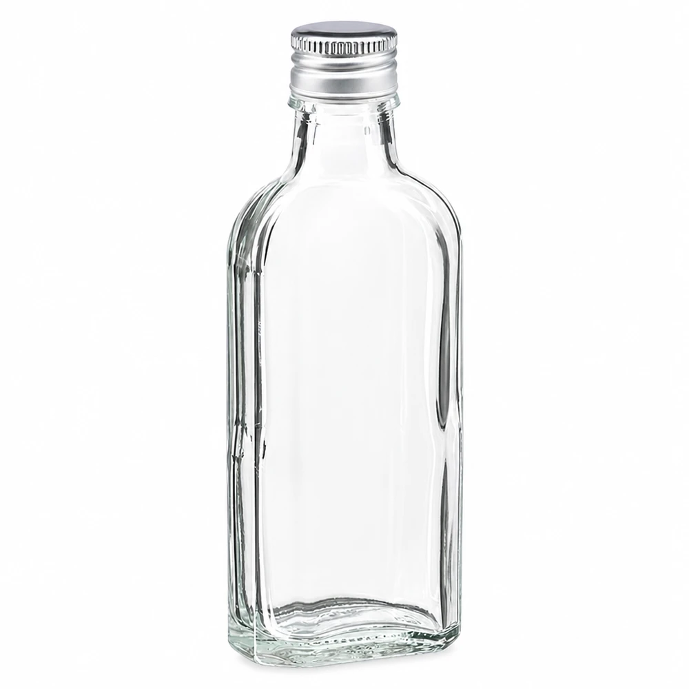 100 ml Meplat klar mit Alu Verschluss silber PP22 Transparente Meplat Flasche 100ml flache Taschenflaschen Form mit Aluverschluss silber