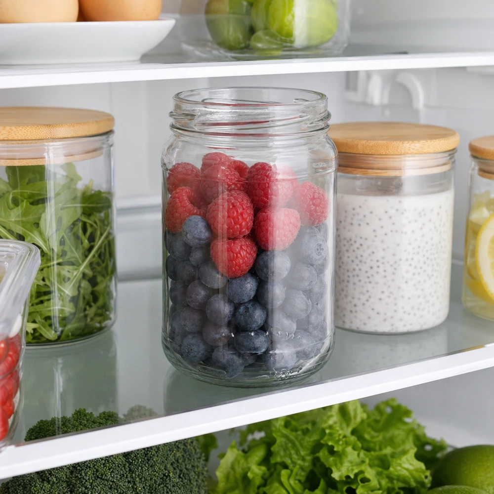 UNiTWIST Runda305 Rundglas 305ml mit Beeren im Kühlschrank, Glasdose mit Holzdeckel zur Lebensmittelaufbewahrung