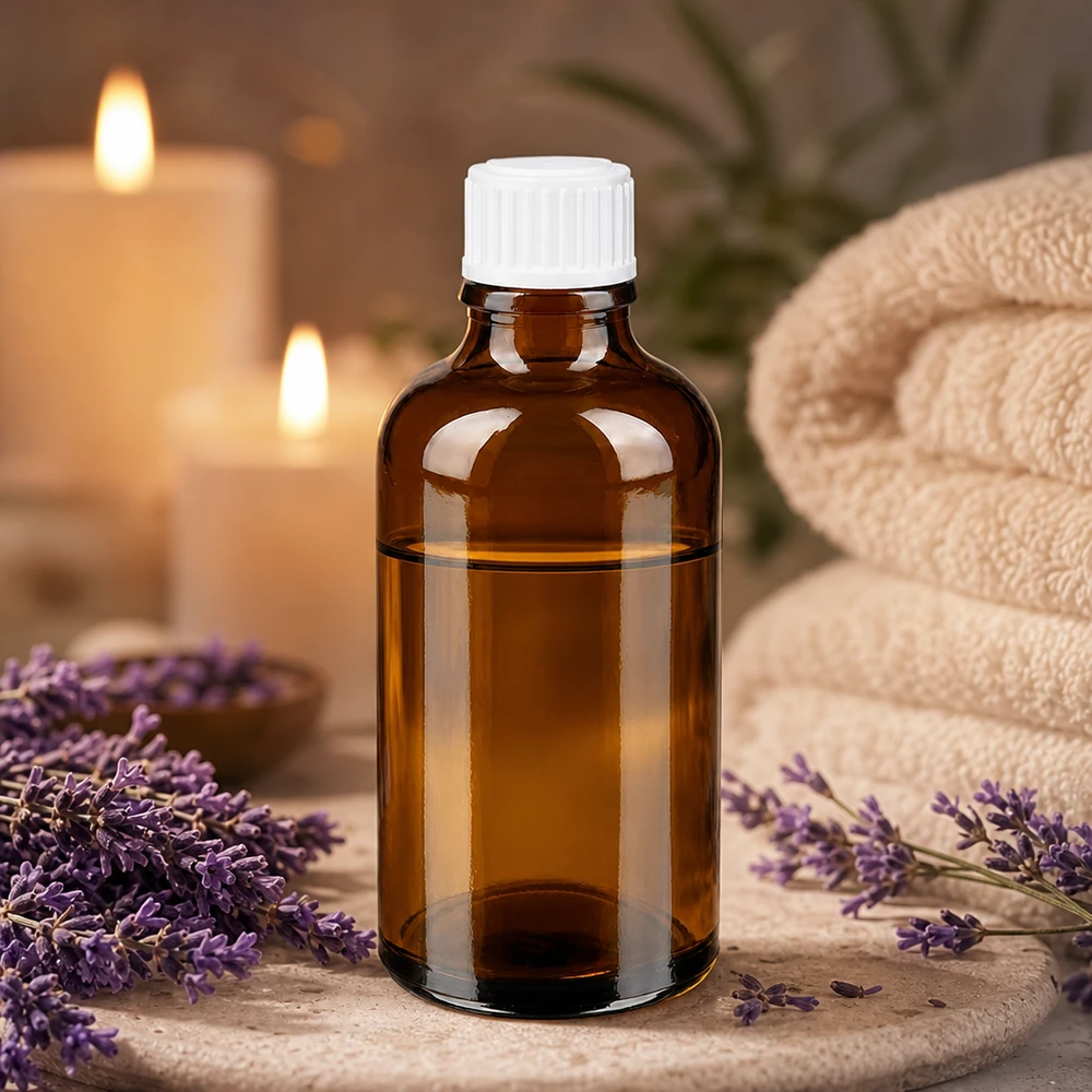 Apothekenflasche braun 50ml Schraubverschluss weiß Standard Dunkle Glasflasche 50ml mit weißem Kunststoffverschluss im Spa-Ambiente mit Lavendel