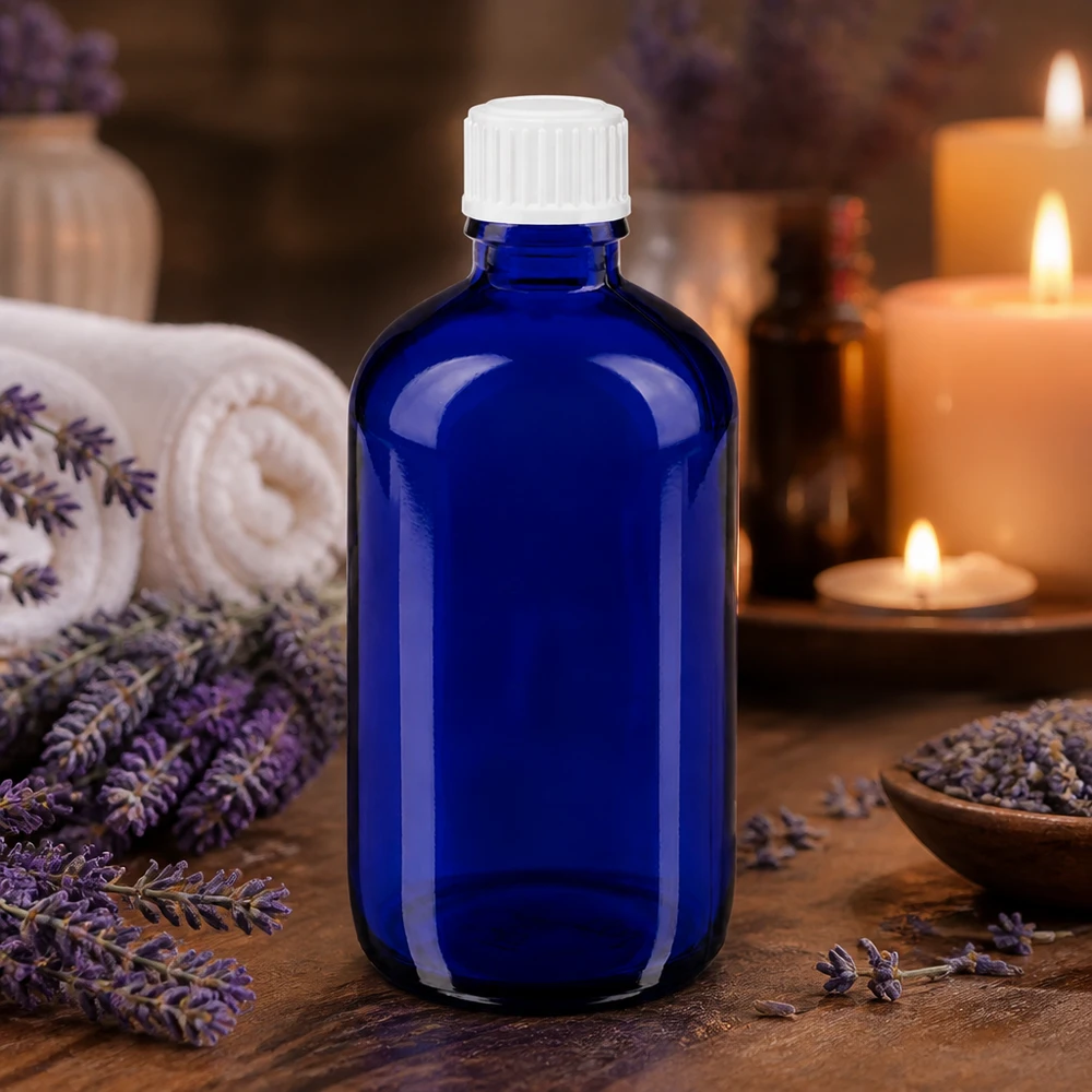 Kobaltblaue 100ml Glasflasche mit weißem Schraubdeckel für Naturkosmetik und Öle