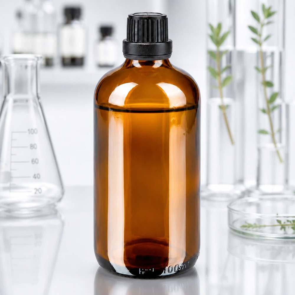 Flacon en verre ambré de 100 ml muni d'un bouchon à vis noir, dans un laboratoire, entre des fioles Erlenmeyer et des tubes à essai