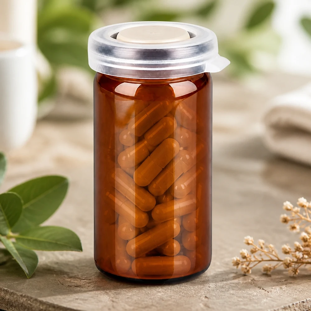 Tabletten/Rollrandglas 10ml braun mit Schnappdeckel Hermetisch verschließbares Rollrandglas 10ml braun mit weißem Schnappdeckel für Kapseln