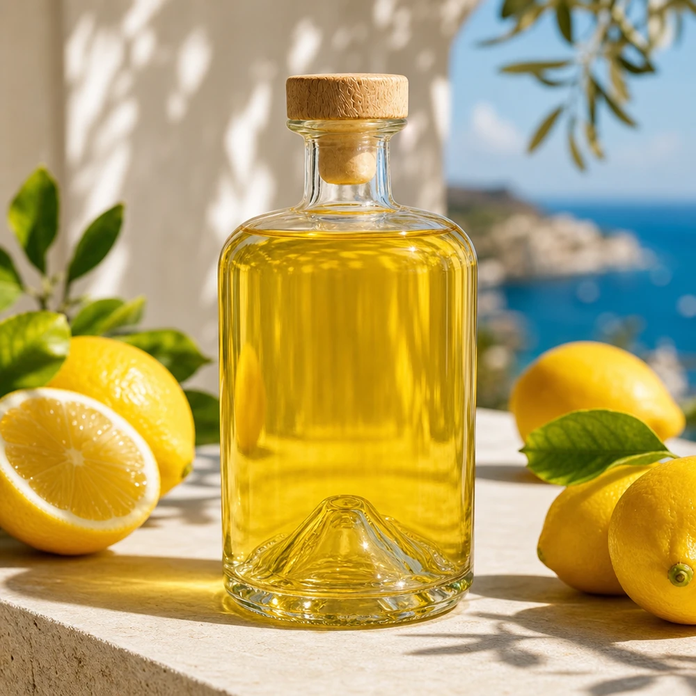 Flacone farmaceutico da 500 ml Sofia con tappo in sughero con impugnatura in legno UNiTWIST® 500ml Glasflasche Sofia mit Holzkorken gefüllt mit gelbem Öl zwischen Zitronen in mediterraner Küche