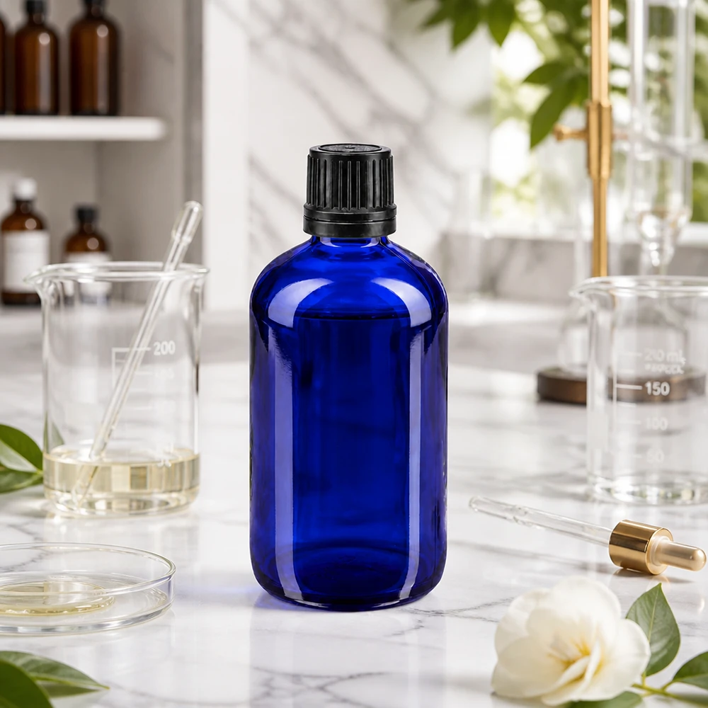 Apothekenflasche blau 100ml Schraubverschluss schwarz Giessring Originalitätsverschluss Pharmazeutische 100ml Globalflasche in Kobaltblau mit OV-Verschluss schwarz Laborumgebung