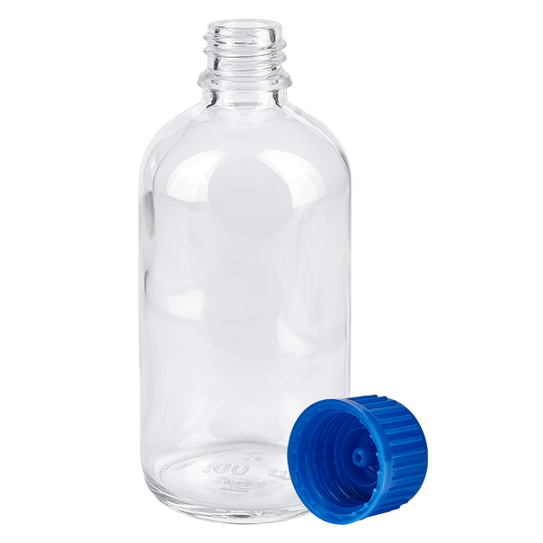 Bottiglia da 100ml 11mm SV blu STD ClearLine UT18/100 ClearLine UT18, flacone in vetro trasparente da 100 ml con tappo di sicurezza per bambini blu da 11 mm SV