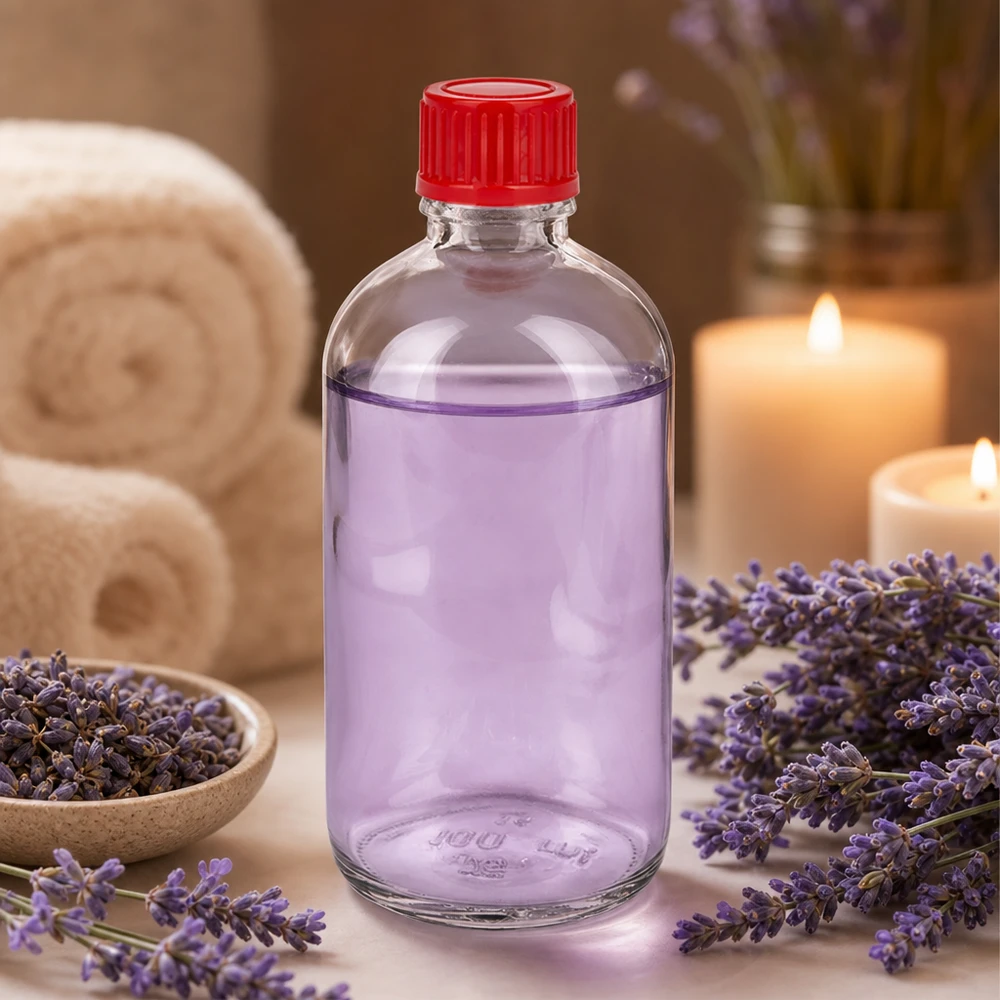 100ml Flasche 11mm Schraubverschluss rot Standard ClearLine UT18/100 100ml Glasflasche UT18/100 roter Kunststoffverschluss 11mm SV gefüllt mit lila ätherischem Öl Lavendel