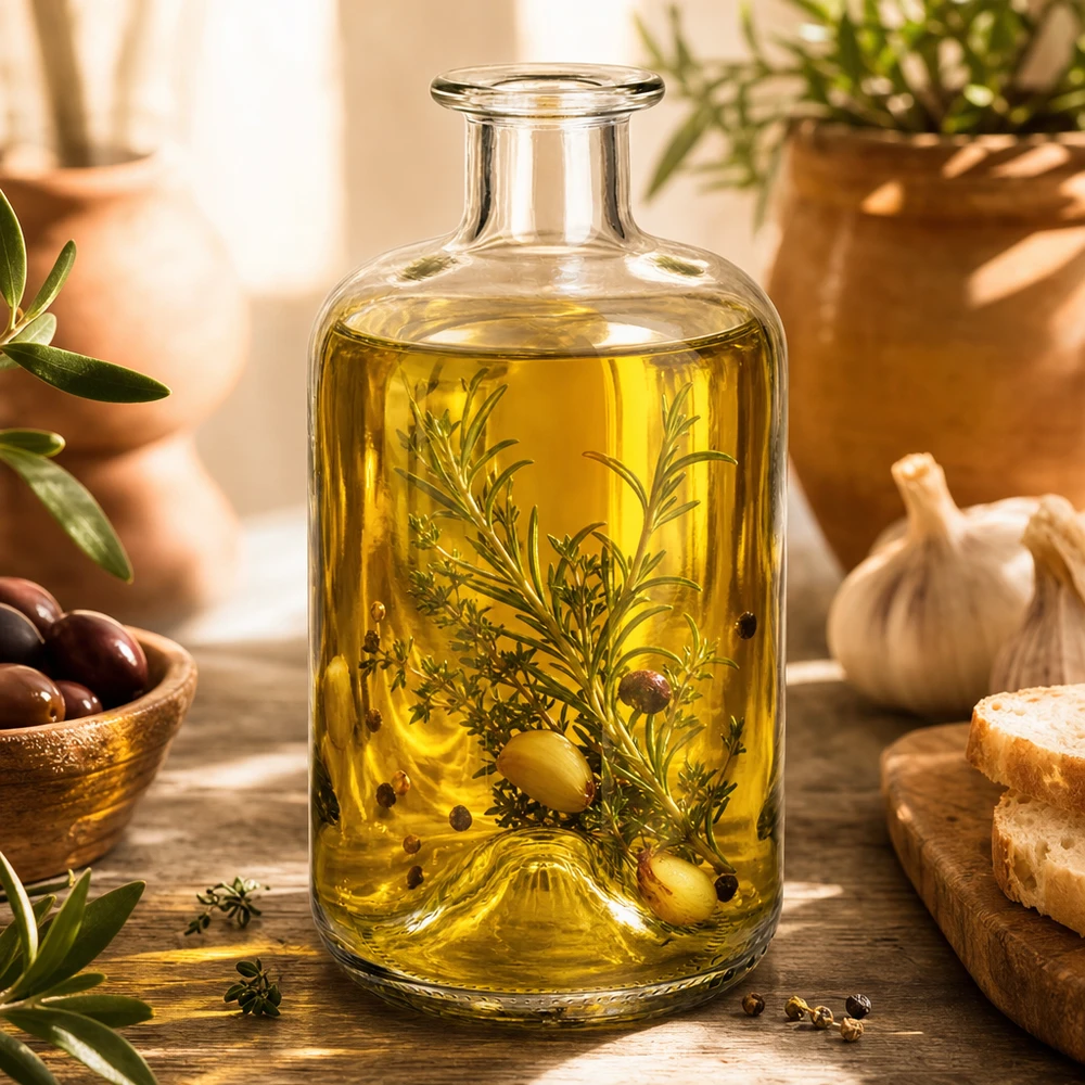 Bottiglia di vetro Luna 500ml riempita di olio d'oliva ed erbe aromatiche come esempio di applicazione per la cucina e la decorazione