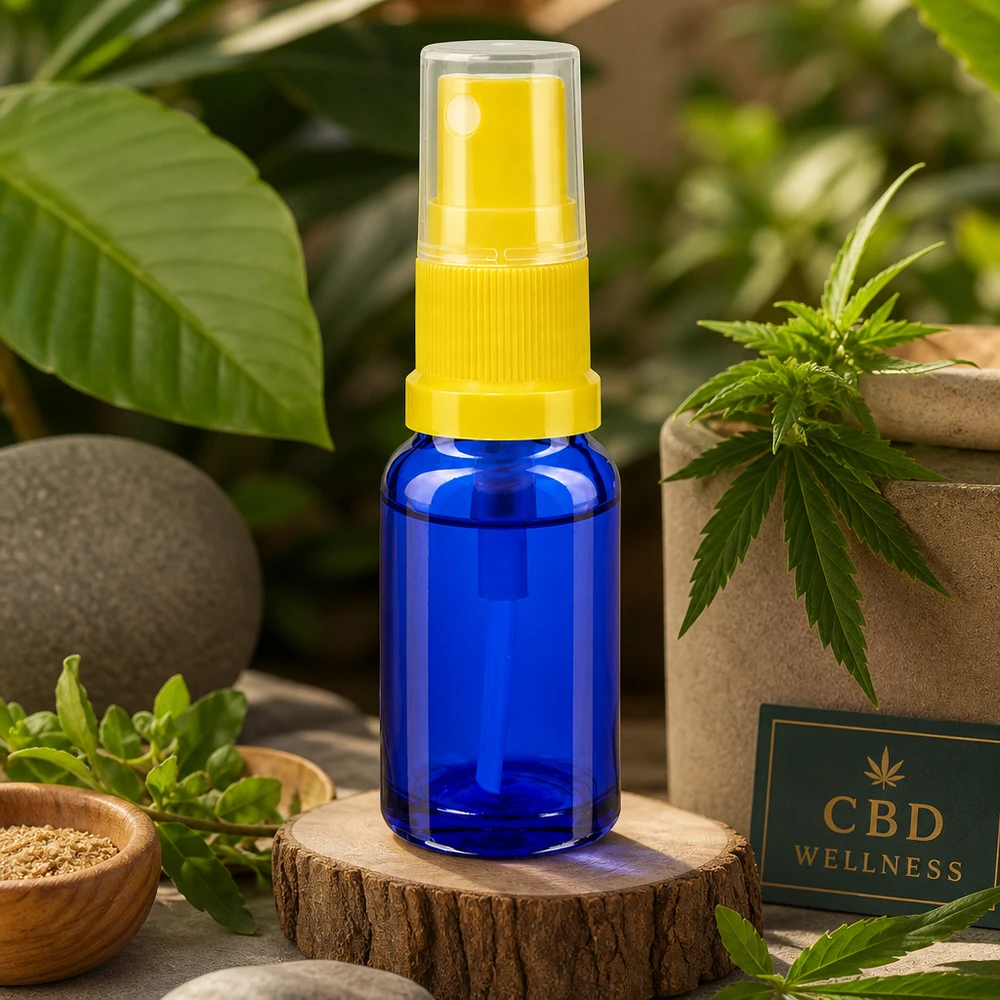 Apothekenflasche blau 30ml Sprayaufsatz gelb Blaue Glassprayflasche 30ml mit gelbem Dosierkopf für ätherische Öle und CBD Produkte