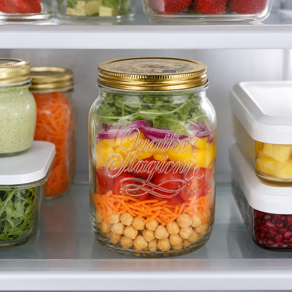 Quattro Stagioni 2L Glas mit Schichtsalat im Kühlschrank - perfektes Meal Prep Vorratsglas für frische Salate
