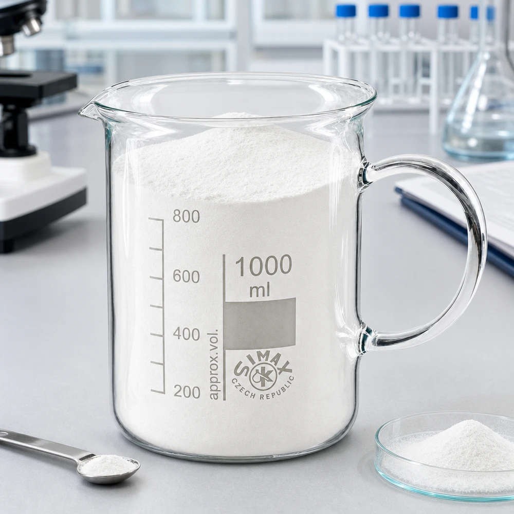 Bicchiere da 1000 ml in vetro borosilicato, con impugnatura Becher da 1000 ml pieno di polvere bianca accanto a una capsula di Petri e a un cucchiaio in laboratorio