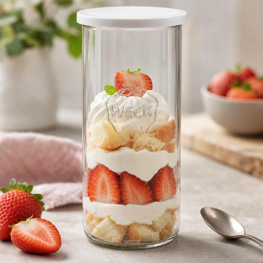 WECK Sturzglas 1500ml RR100 mit Erdbeerdessert gefüllt zeigt vielseitige Verwendung als Dessertteller mit Löffel