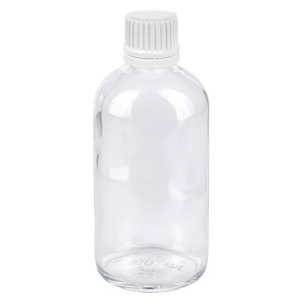 Flacon en verre transparent de 100 ml avec bouchon d'inviolabilité blanc, destiné aux gouttes et aux produits pharmaceutiques
