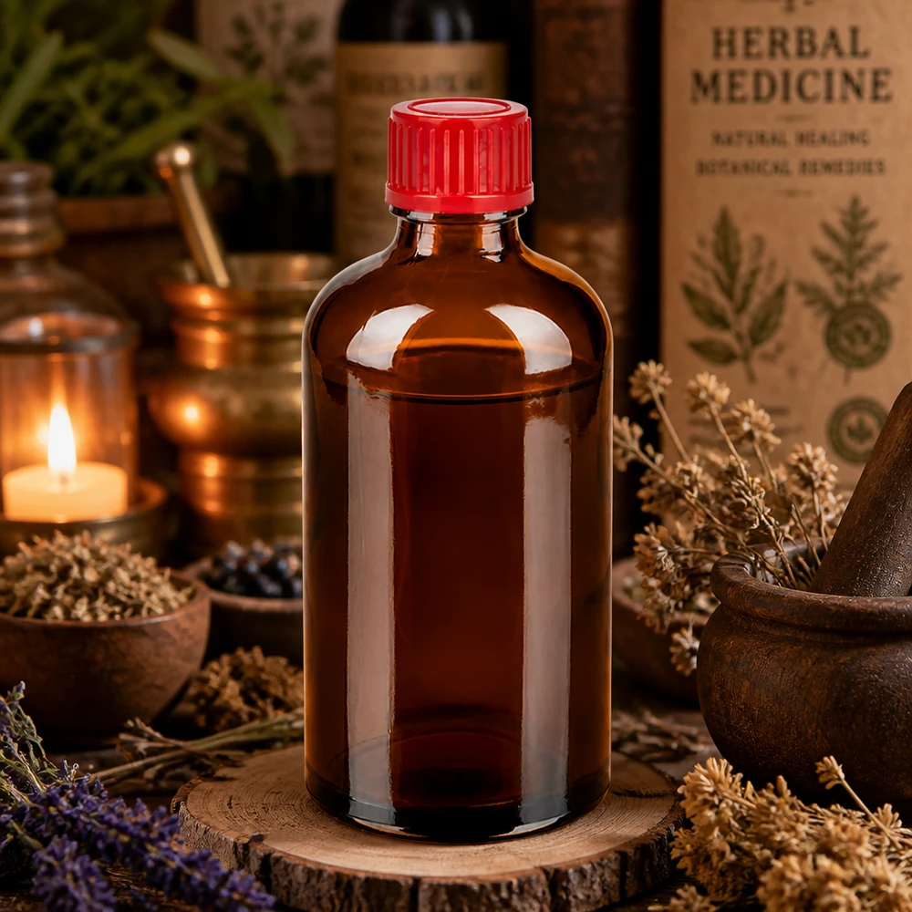 Pratico flacone contagocce da 100 ml, marrone con coperchio rosso, ideale per la naturopatia e gli estratti di erbe.