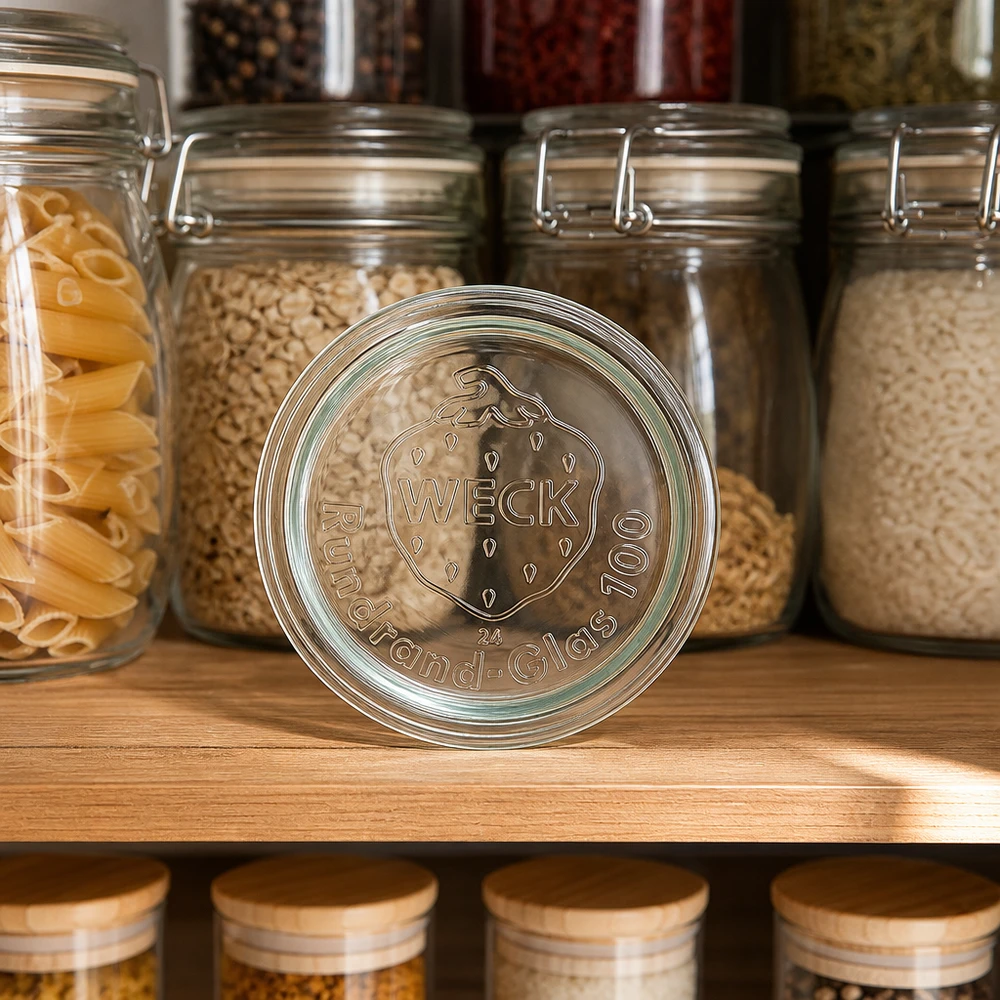 Coperchio per barattoli WECK RR100 Coperchio in vetro WECK RR100 in cucina con barattoli di conserva pieni di pasta, riso e cereali su un ripiano in legno