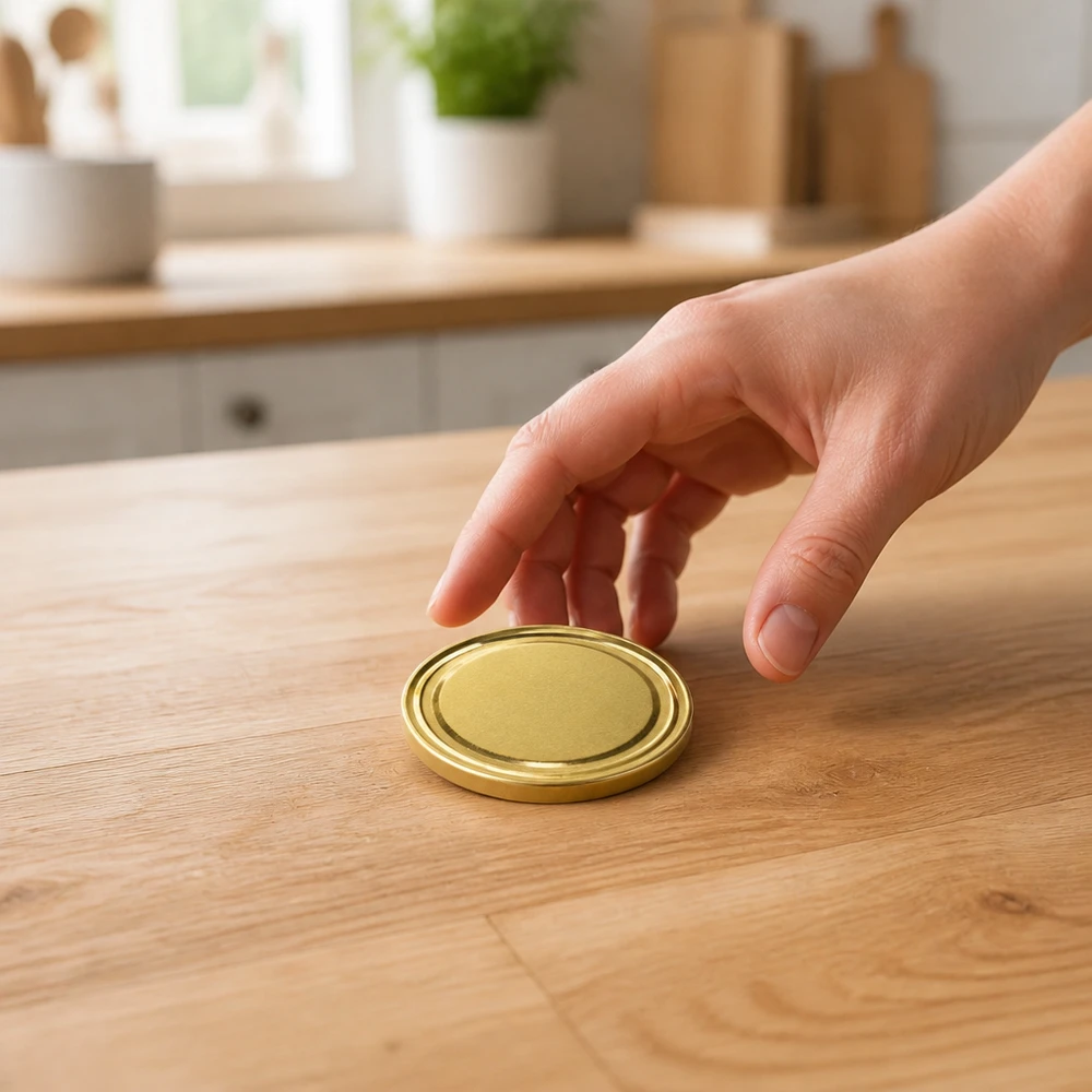 Flacher runder Metalldeckel 43mm gold auf Küchenarbeitsplatte UNiTWIST BioSeal BPA-NI unitemp