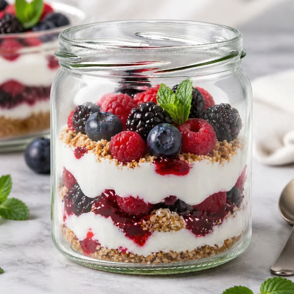 UNiTWIST Runda408 Rundglas 408ml als Dessertglas mit Beeren-Joghurt-Schichtdessert zeigt vielseitige Anwendung