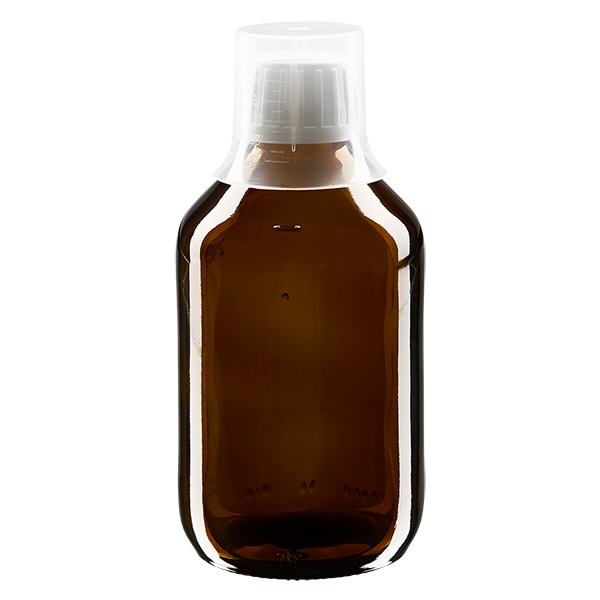 250ml Medizinflasche braun, Verschluss Originalitätsverschluss mit Dosierbecher 30ml ApoGlas
