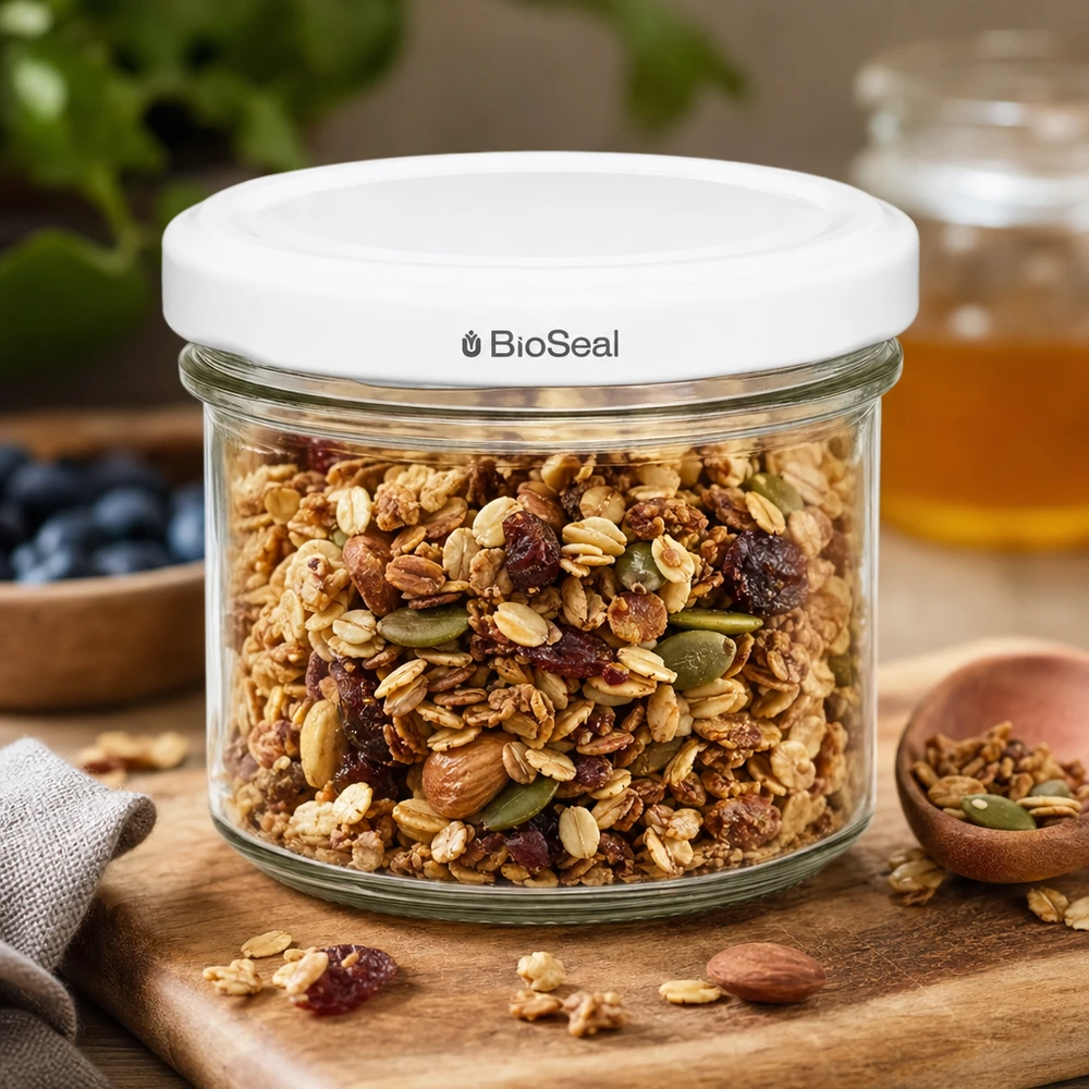 UNiTWIST tumbler 125ml barattolo muesli noci frutta secca barattolo di stoccaggio TO66 BioSeal coperchio bianco tavola di legno cucina