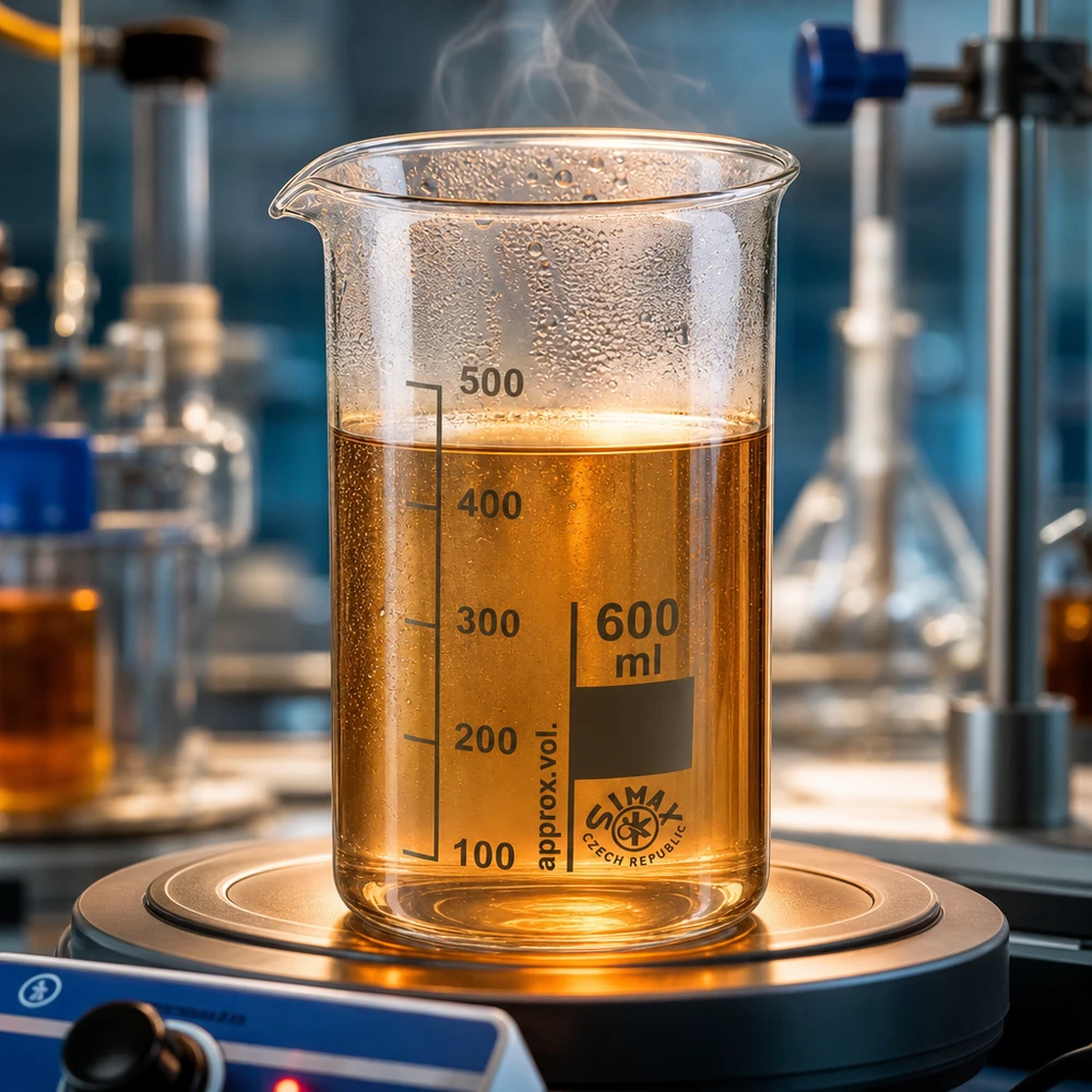 Bicchiere da 600 ml in vetro borosilicato, forma alta Bicchiere da laboratorio da 600 ml, forma alta, su una piastra riscaldante, contenente un liquido caldo di colore marrone dorato e da cui sale del vapore
