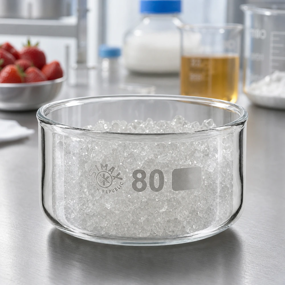 Piatto per cristallizzazione da 150 ml senza beccuccio Bo. ø80mm Vaschetta di cristallizzazione SIMAX da 150 ml con granuli bianchi su un piano di lavoro in acciaio inossidabile in laboratorio