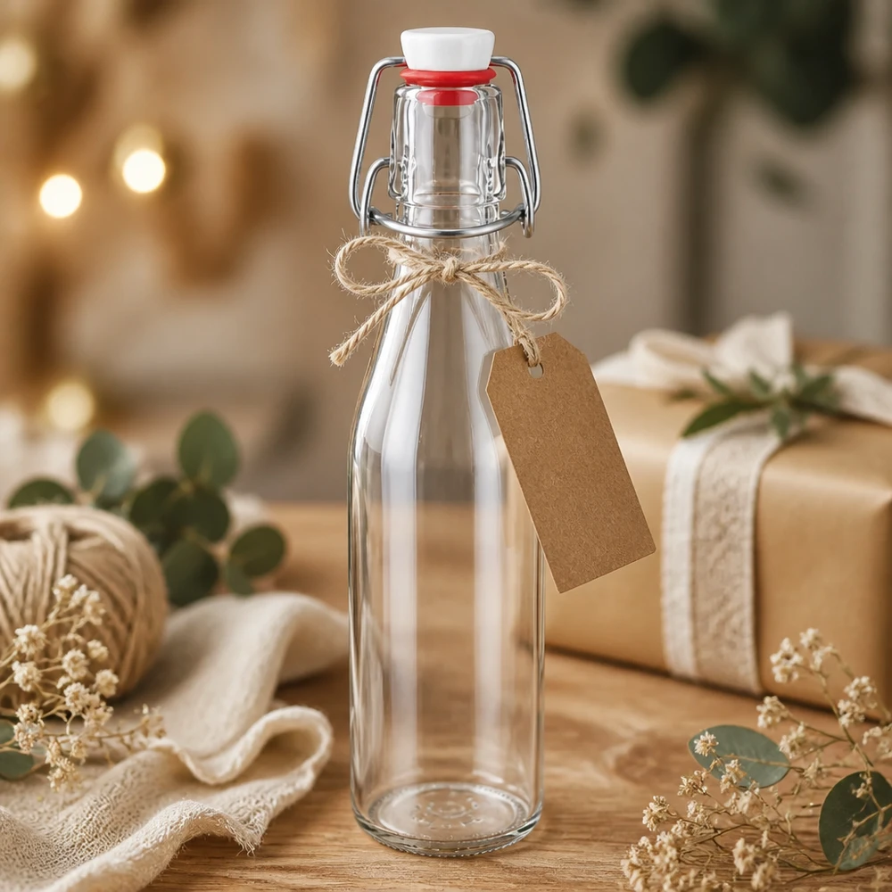 Bottiglia di vetro da 250 ml con tappo oscillante decorata come un regalo, etichetta in carta kraft e cordoncino di iuta, presentazione festosa.