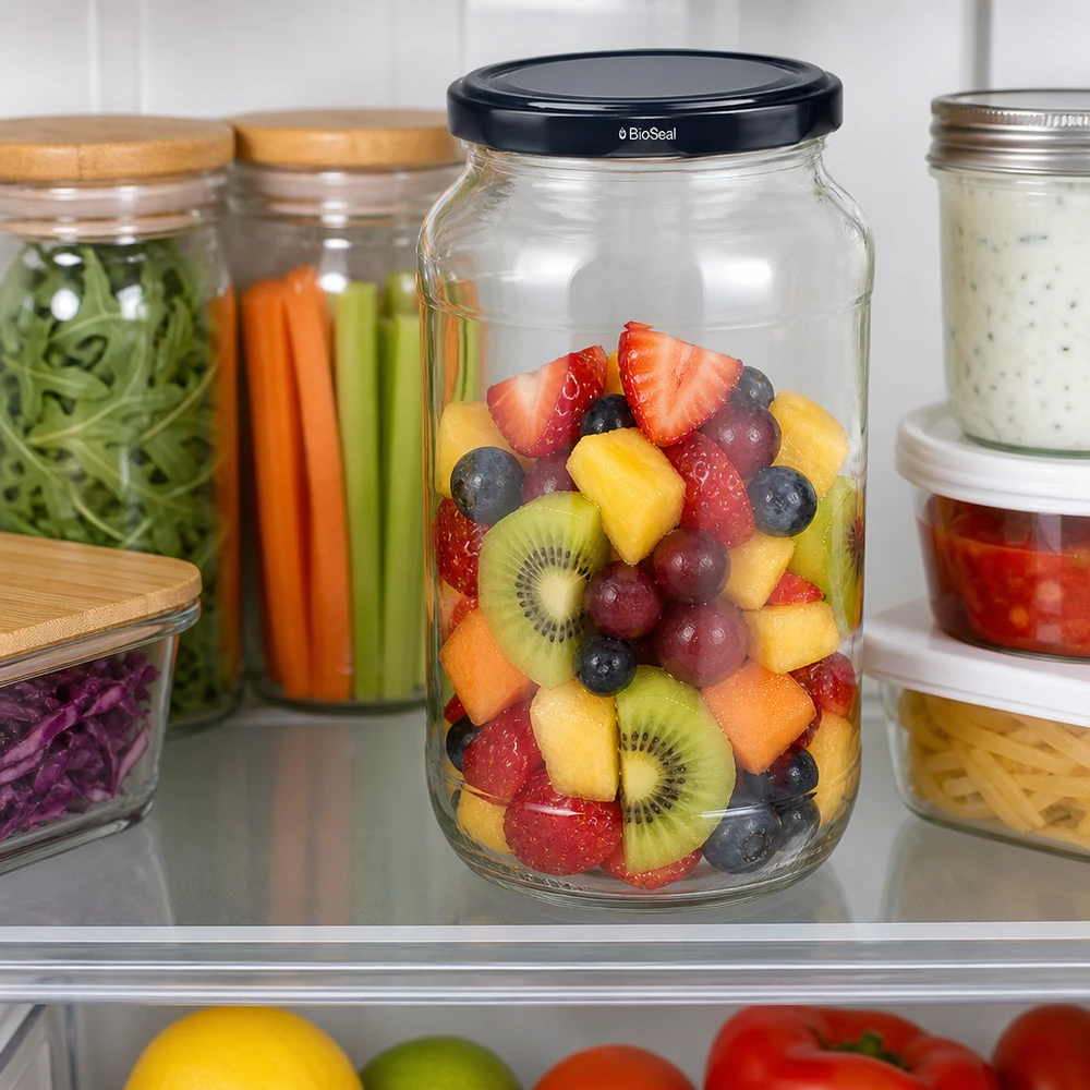 1062ml Rundglas mit BioSeal Deckel schwarz UNiTWIST UNiTWIST Rundglas 1062 mit schwarzem TO82 BioSeal Deckel gefüllt mit Obstsalat im Kühlschrank Frischhaltung