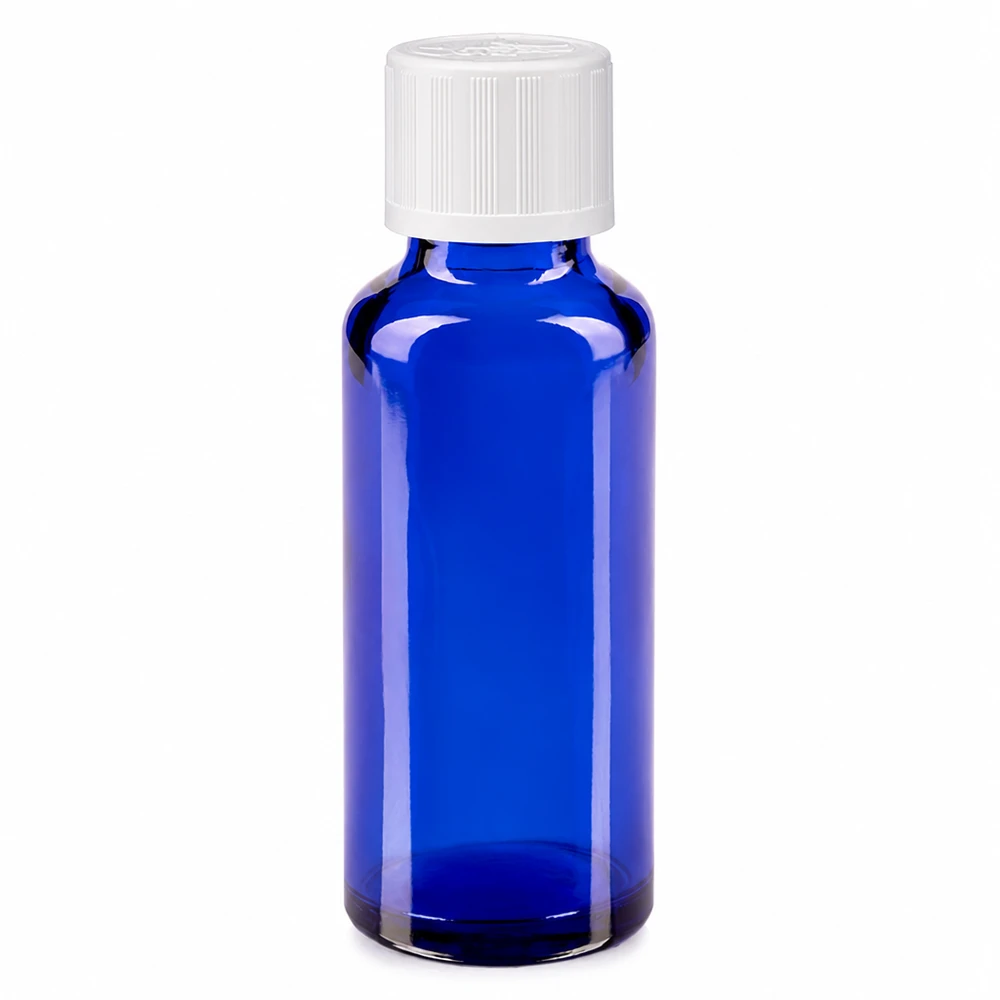 Apothekenflasche blau 30ml Schraubverschluss weiß Kindersicherung Standard Blaue 30ml Pharmaglasflasche mit weißem kindersicherem Standardverschluss 11mm
