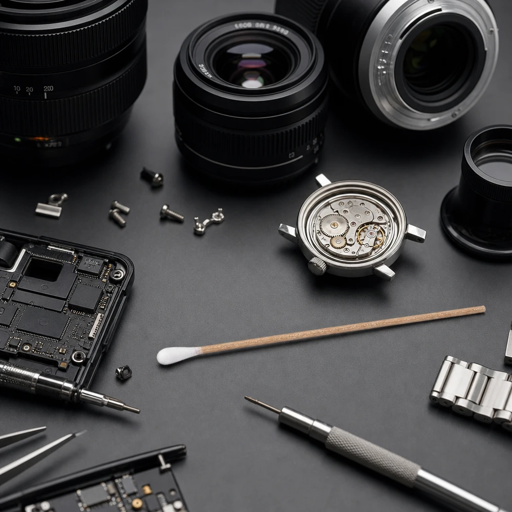 Boccioli di cotone UNSTERIL Bastoncini di cotone non sterili con manico in legno per la pulizia di obiettivi fotografici e dispositivi elettronici su sfondo grigio