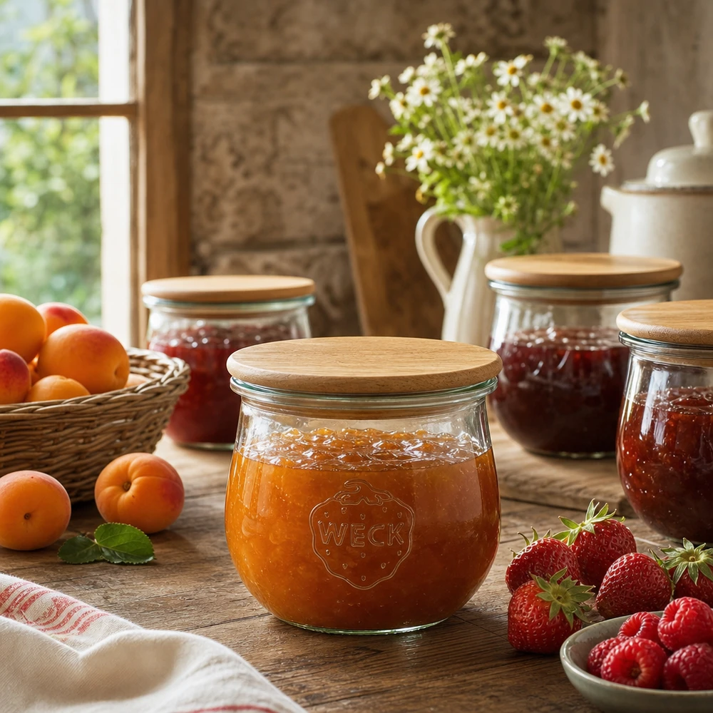 Vaso WECK a tulipano 370ml RR80 riempito di marmellata di albicocche accanto a frutta fresca in una cucina rustica