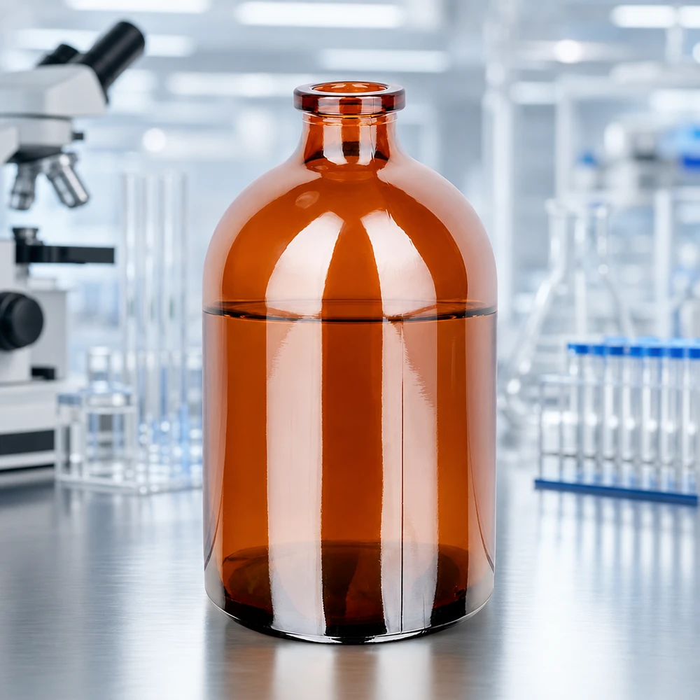 Flacone per iniezione in vetro ambrato 100ml Sterile Braunglas-Injektionsflasche 100ml für Infusionslösungen vor professioneller Laborausstattung