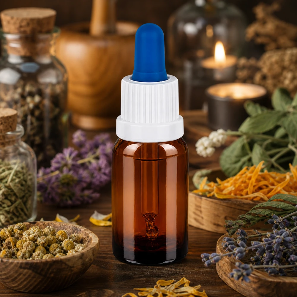 BrownLine flacone con pipetta da 10 ml con filettatura OV18 e puntale contagocce blu per aromaterapia