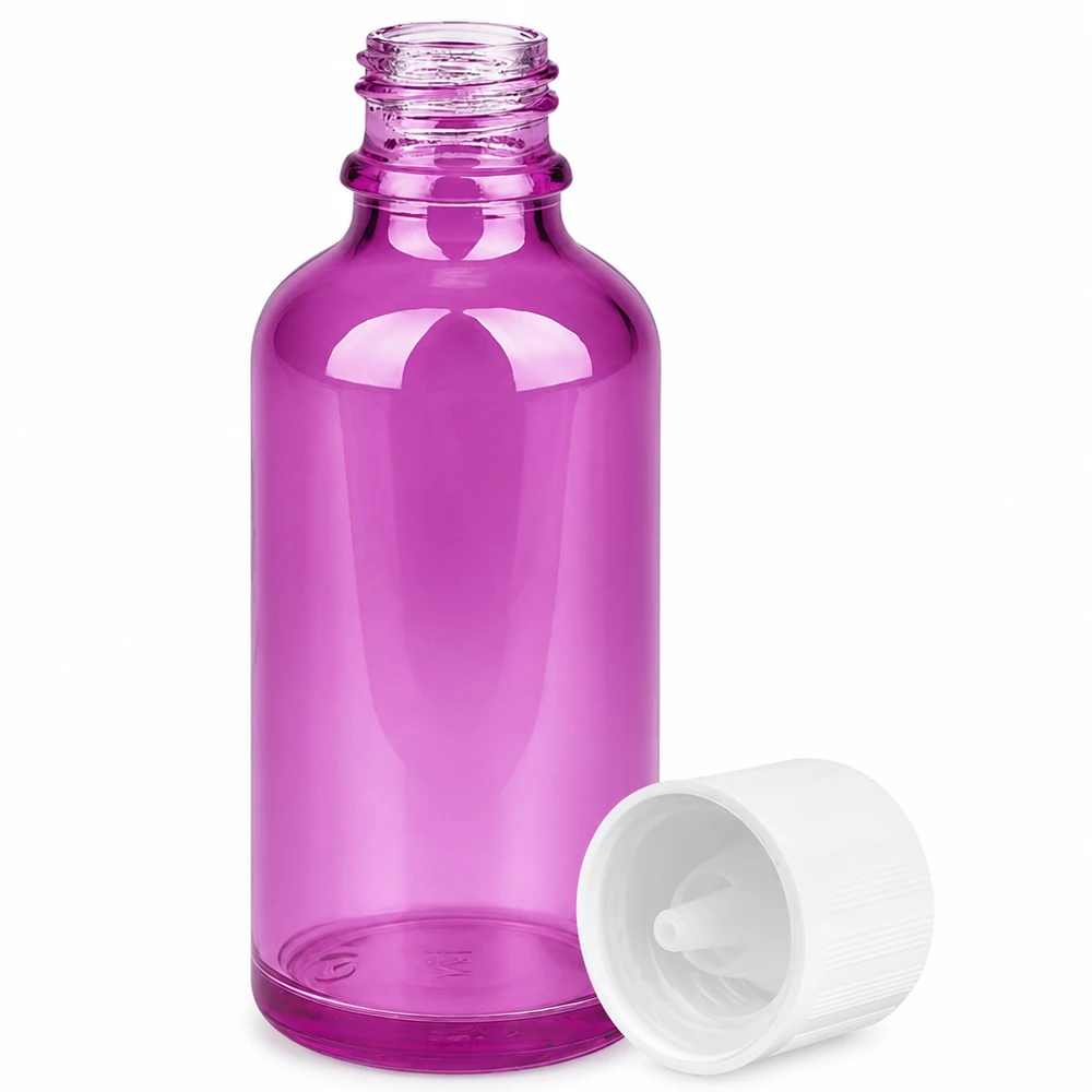 Flacone contagocce da 50 ml 1,2 mm bianco Standard Child-resistant PurpleLine.UT18/50 Flacone di plastica viola da 50 ml con omologazione ONU e tappo contagocce a prova di bambino per uso di laboratorio