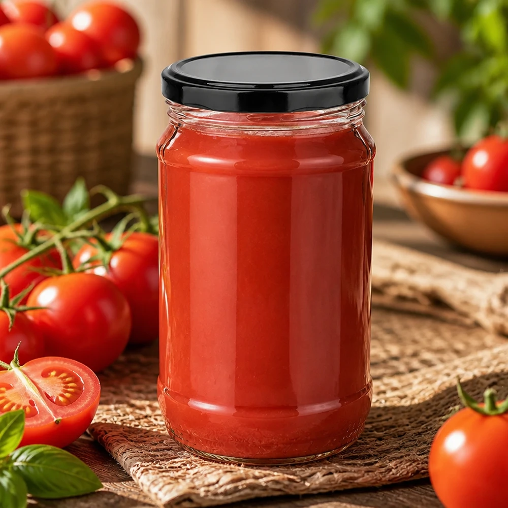 370ml Einmachglas UNiTWIST mit glänzend schwarzem Twist-Off-Deckel und rotem Tomatensugo auf Naturfaser-Untersetzer