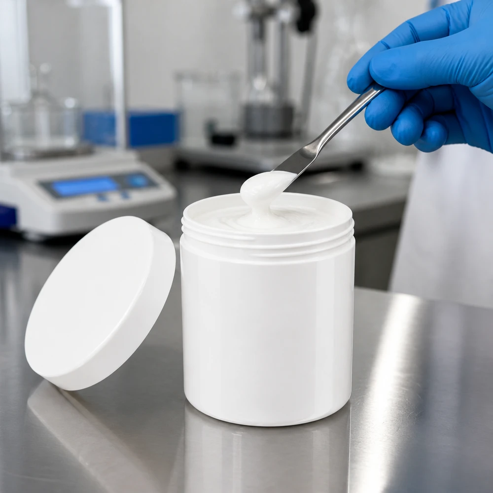 Pot à onguent blanc 800 g avec couvercle blanc (PP) Pot robuste en PP blanc de 800 g avec couvercle à vis, destiné aux formulations cosmétiques