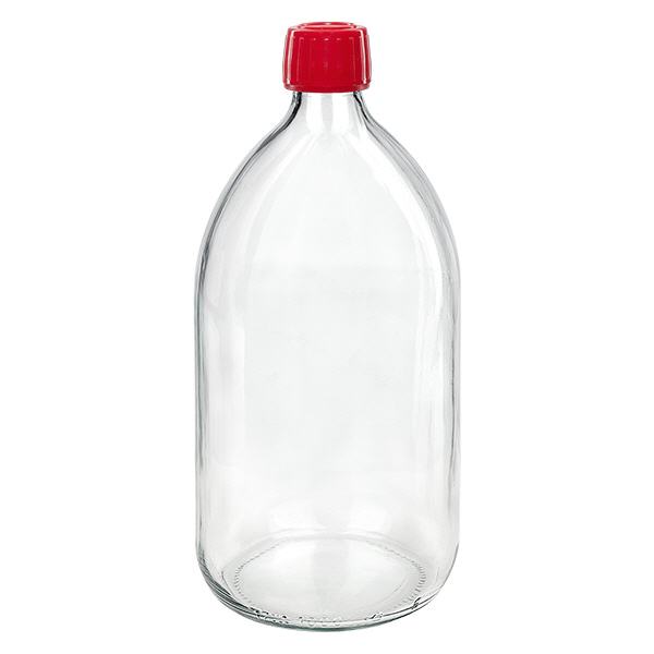 Flacone per medicinali da 1000ml trasparente, tappo rosso con chiusura antimanomissione Flacone per medicinali da 1000ml trasparente, tappo rosso con chiusura antimanomissione