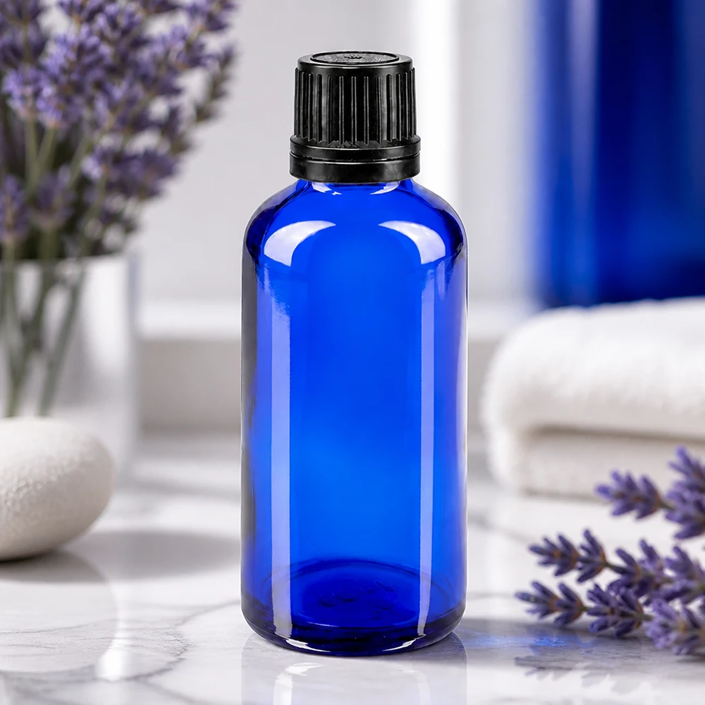 Apothekenflasche blau 50ml Schraubverschluss schwarz Giessring Originalitätsverschluss Runde blaue Tropfflasche 50ml aus Apothekenglas mit schwarzem Schraubdeckel und Lavendeldeko